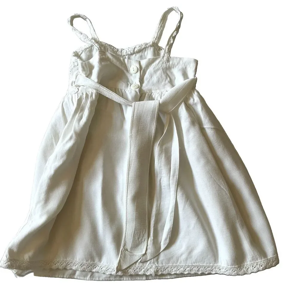Vintage Crayon Kids White Dress Crochet Bodice Hem Lined Tie back USA Size 1/2